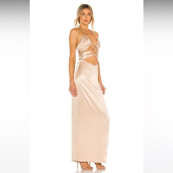 Michael Costello x REVOLVE Josie Cut Out Gown in Nude Satin Halter Maxi Dress - Picture 12 of 12